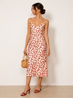 Reformation Cream Midi Dress with Red Floral Print